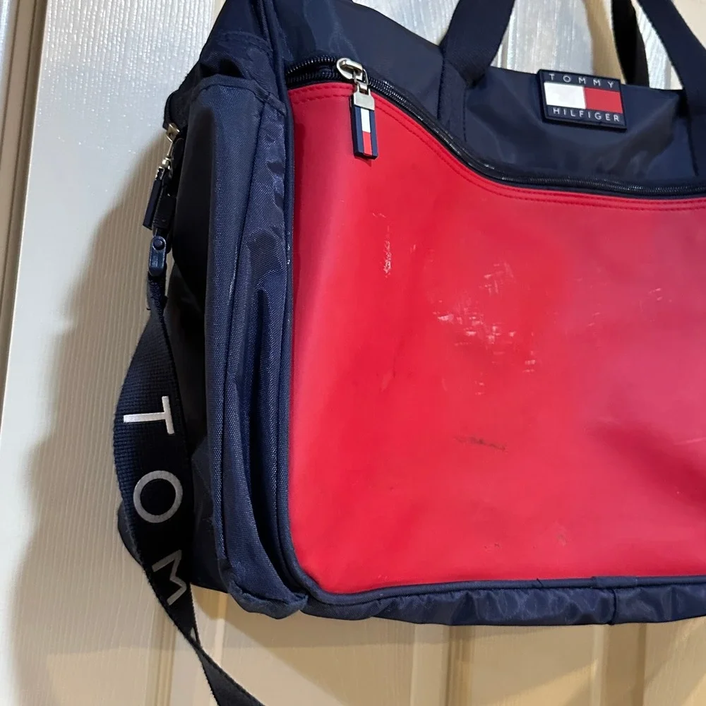 Tommy Hilfiger Vintage Duffle Bag Navy Red Colorblock‎ Travel Gym Bag Strap